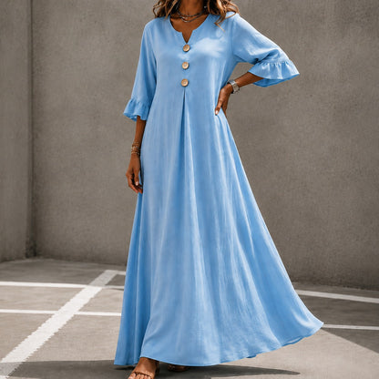 Linen Ruffle Sleeve Button Maxi Dress