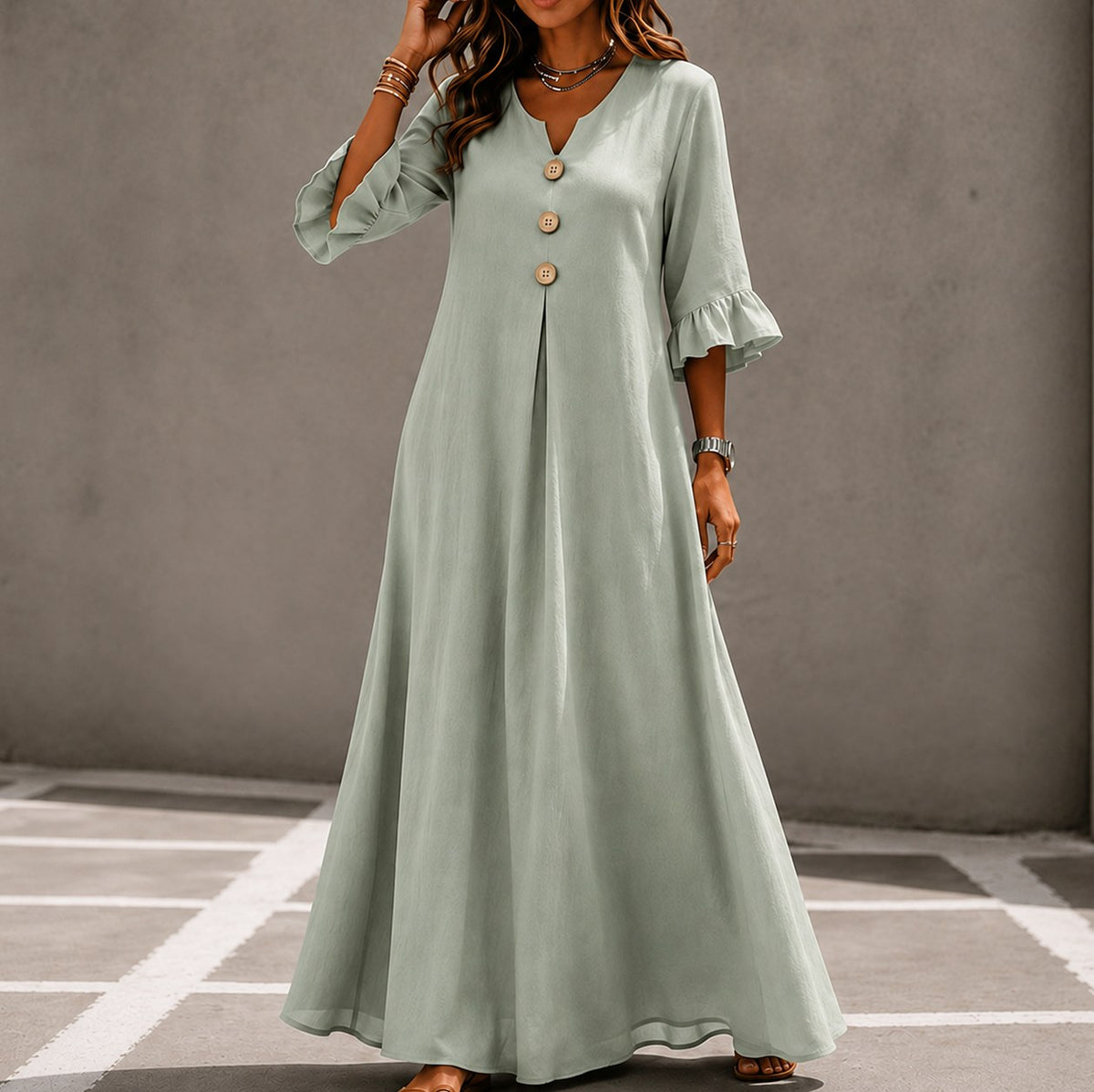 Linen Ruffle Sleeve Button Maxi Dress