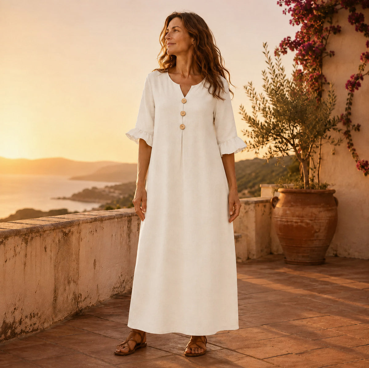 Linen Ruffle Sleeve Button Maxi Dress