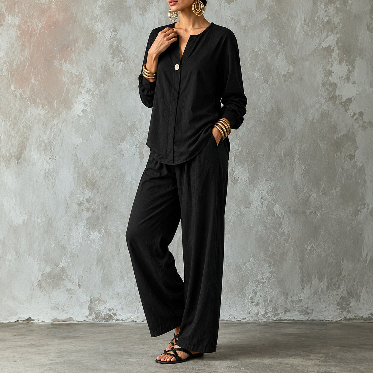 Linen Split Neck Pants Set