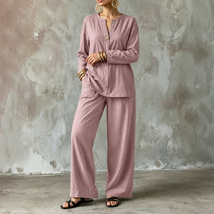 Linen Split Neck Pants Set