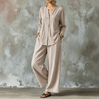 Linen Split Neck Pants Set