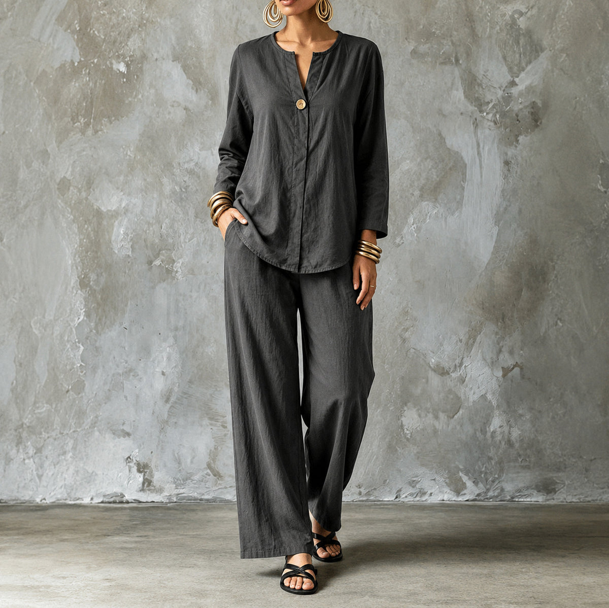 Linen Split Neck Pants Set