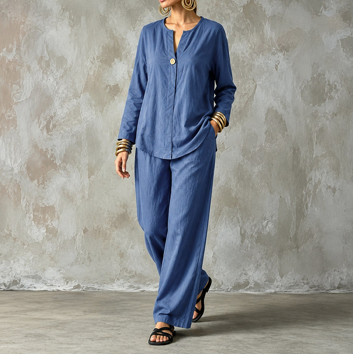 Linen Split Neck Pants Set