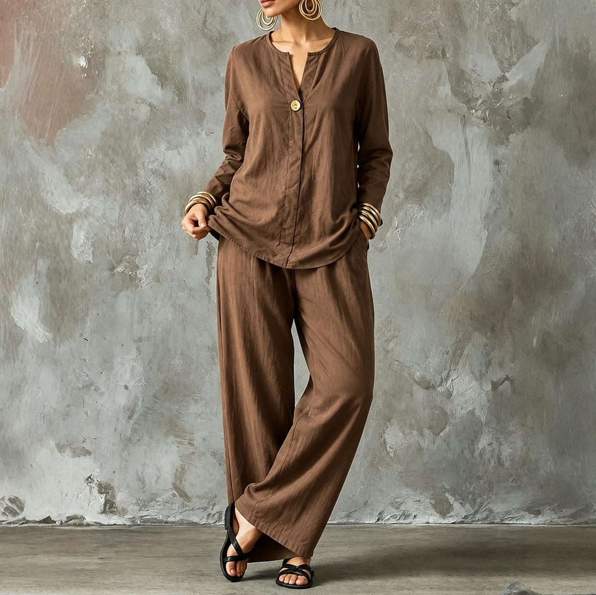 Linen Split Neck Pants Set