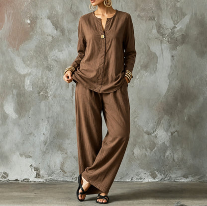 Linen Split Neck Pants Set