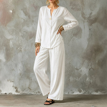 Linen Split Neck Pants Set