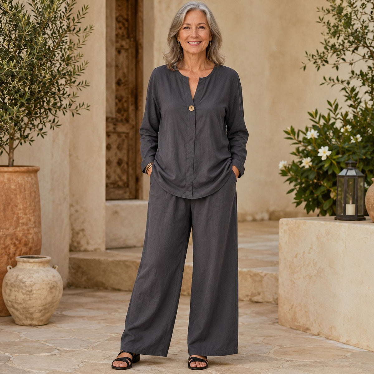 Linen Split Neck Pants Set