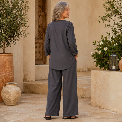 Linen Split Neck Pants Set