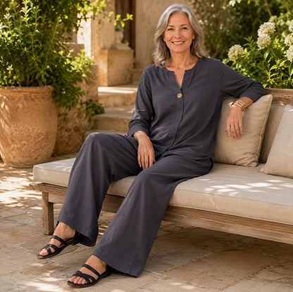 Linen Split Neck Pants Set