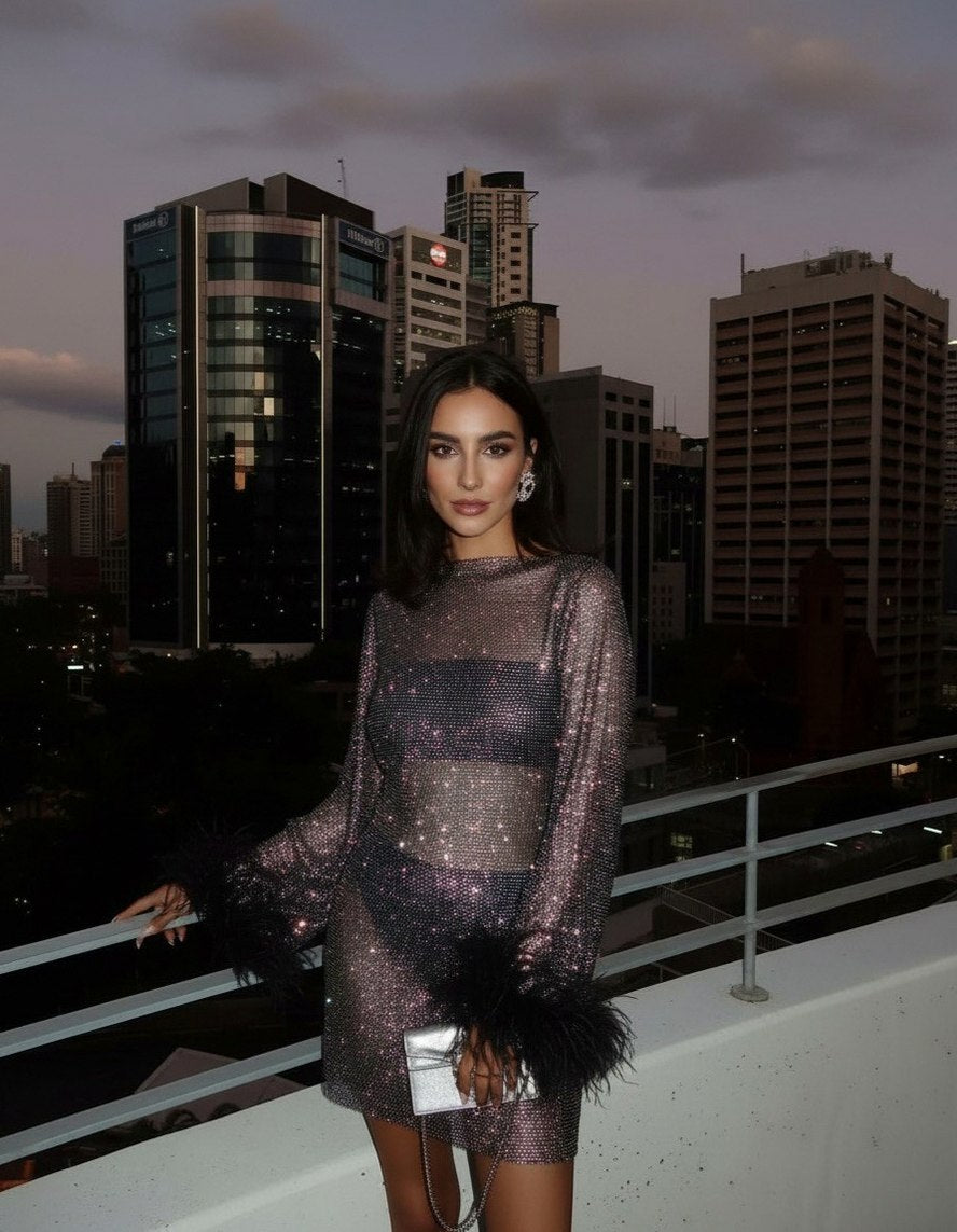 Mesh Sequin Feather Cuff Mini Dress