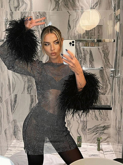 Mesh Sequin Feather Cuff Mini Dress