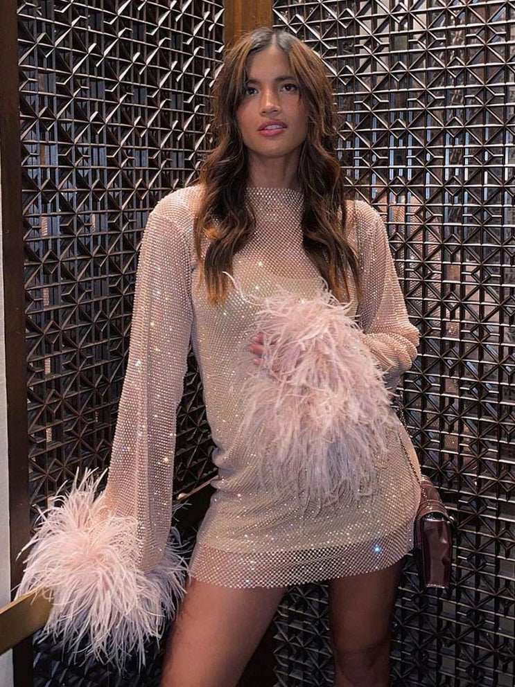 Mesh Sequin Feather Cuff Mini Dress
