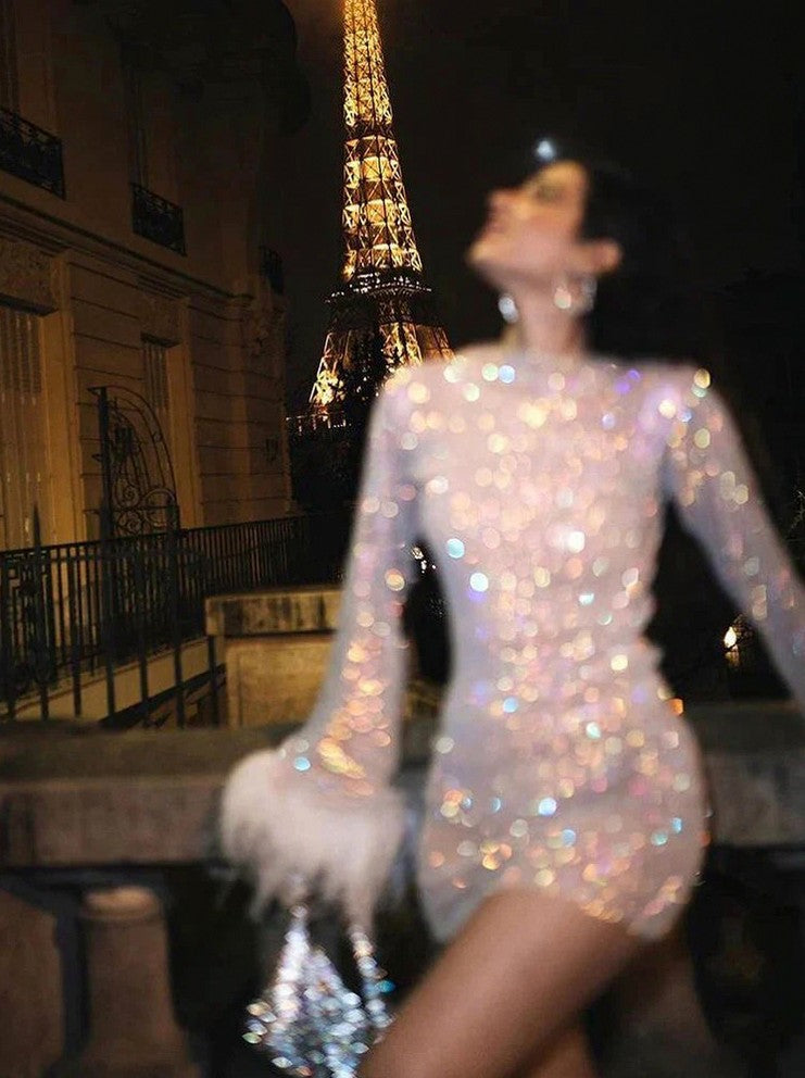 Mesh Sequin Feather Cuff Mini Dress