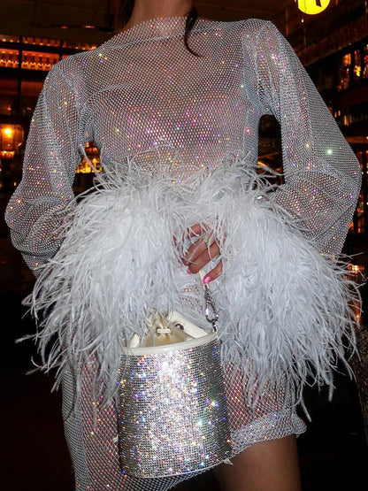 Mesh Sequin Feather Cuff Mini Dress