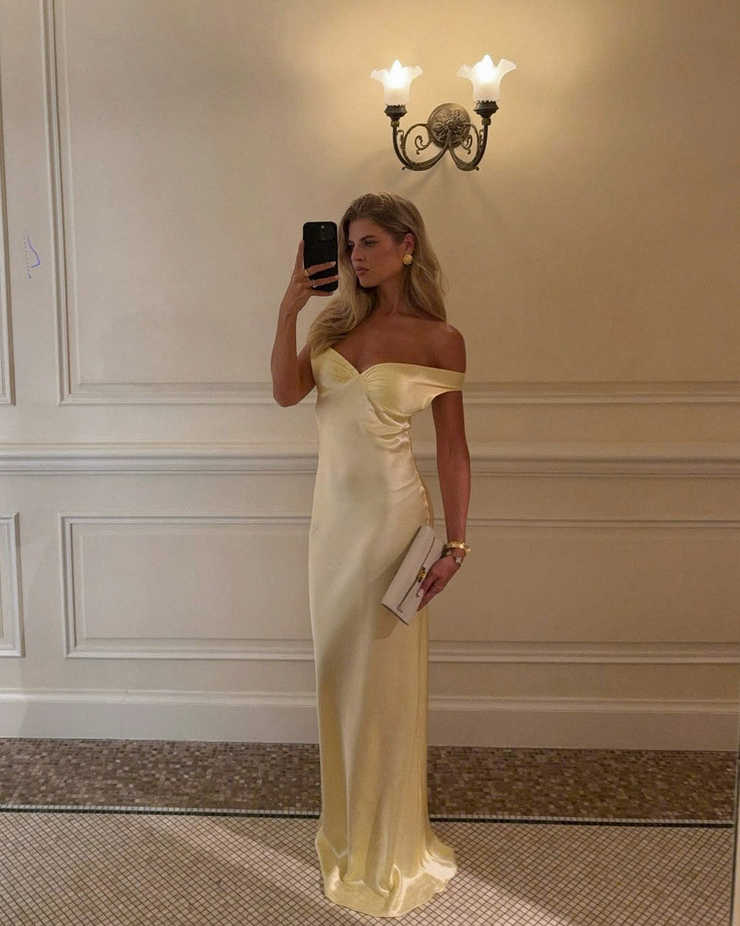 Off Shoulder Satin Maxi Dress
