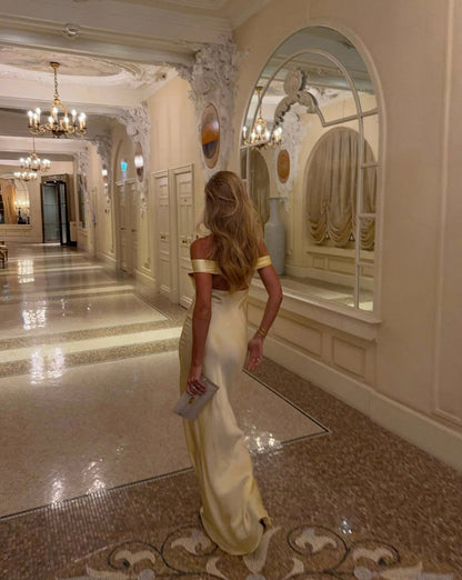 Off Shoulder Satin Maxi Dress