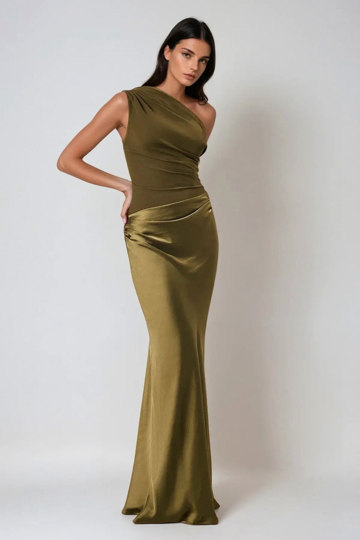 One Shoulder Ruched Satin Maxi Dress