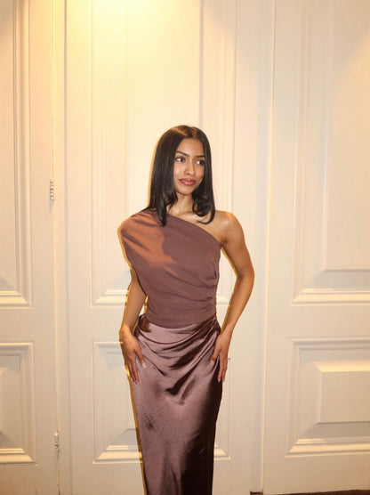 One Shoulder Ruched Satin Maxi Dress