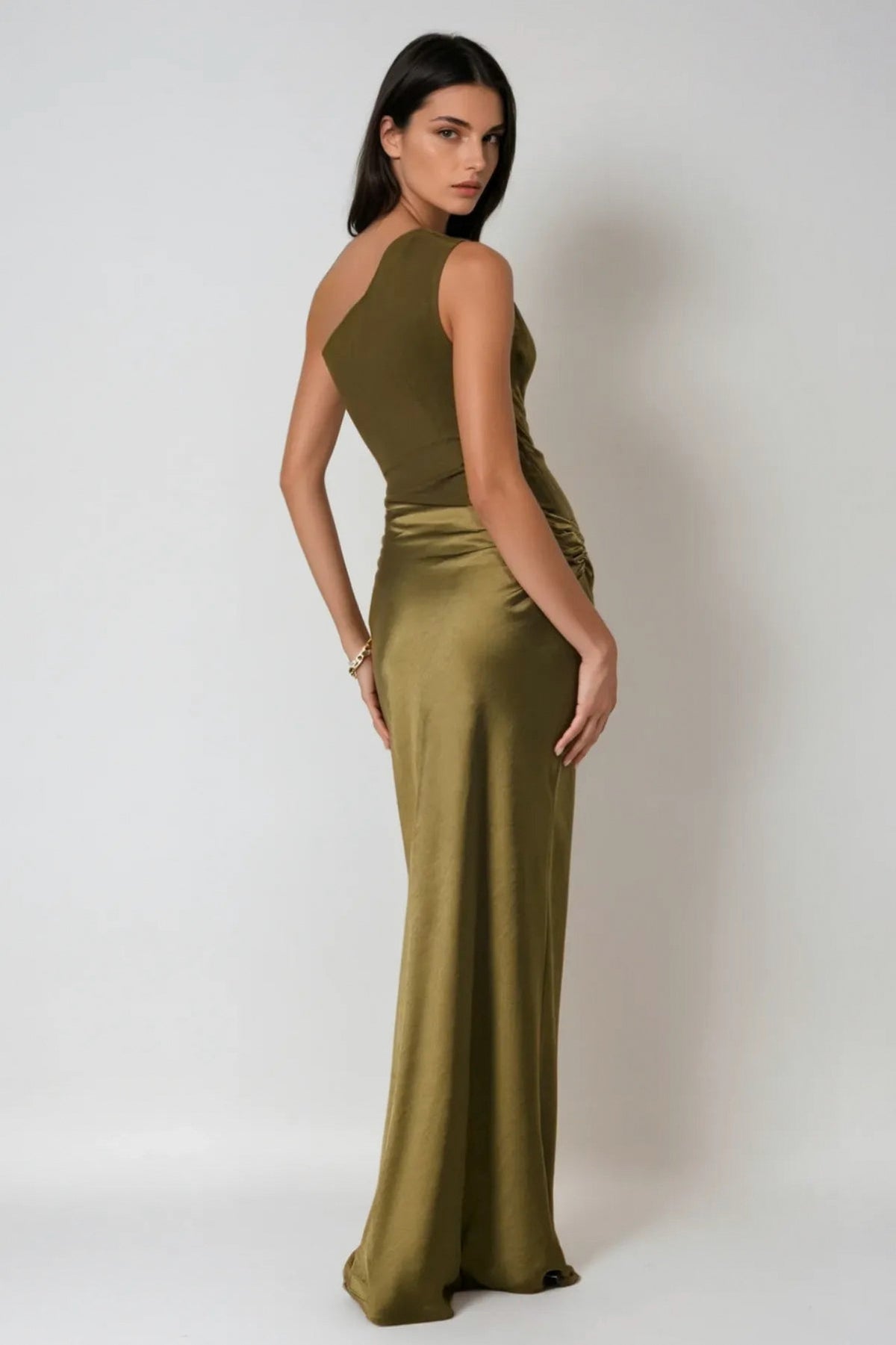 One Shoulder Ruched Satin Maxi Dress