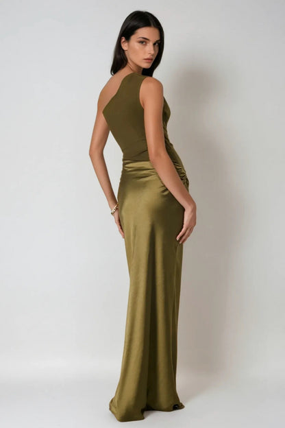 One Shoulder Ruched Satin Maxi Dress