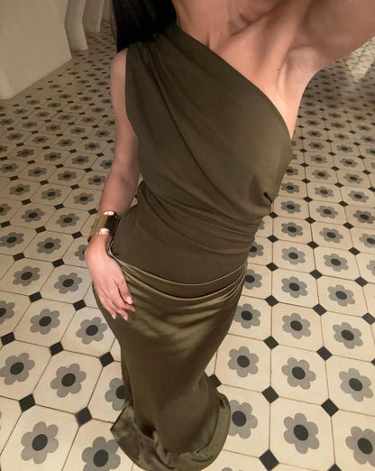 One Shoulder Ruched Satin Maxi Dress