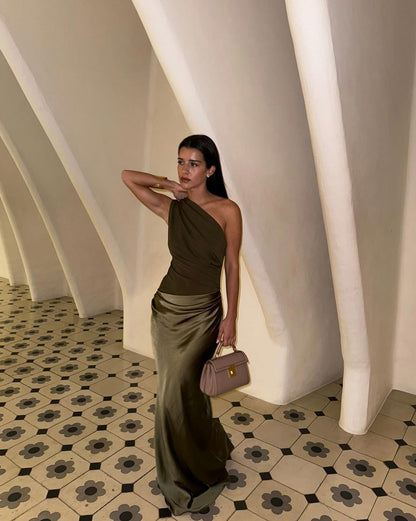 One Shoulder Ruched Satin Maxi Dress