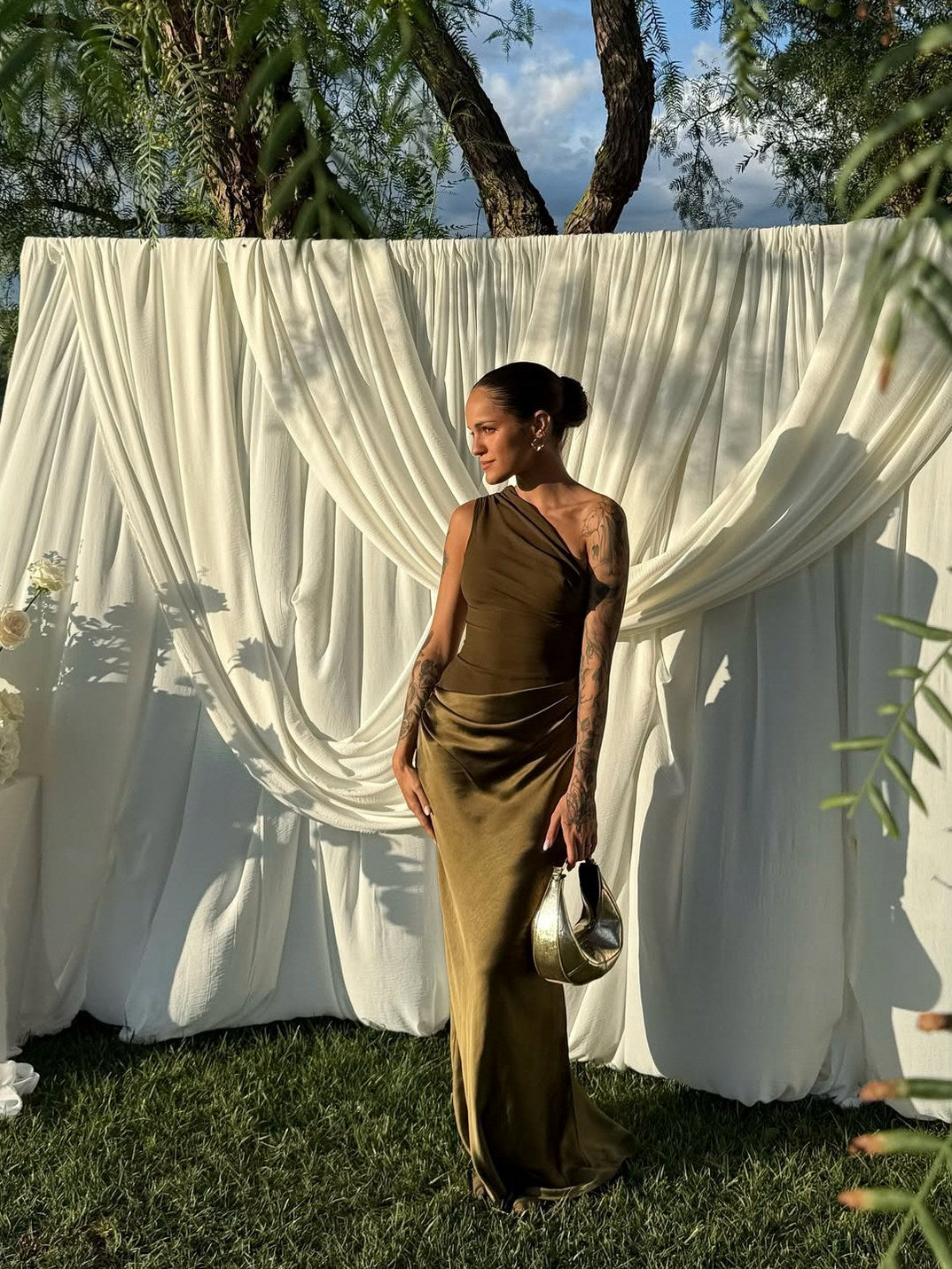 One Shoulder Ruched Satin Maxi Dress