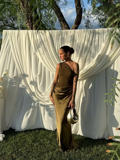 One Shoulder Ruched Satin Maxi Dress
