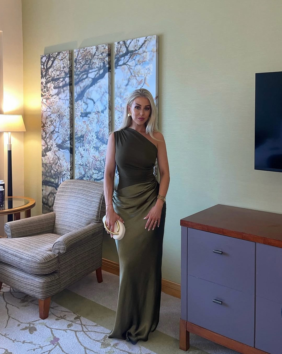 One Shoulder Ruched Satin Maxi Dress
