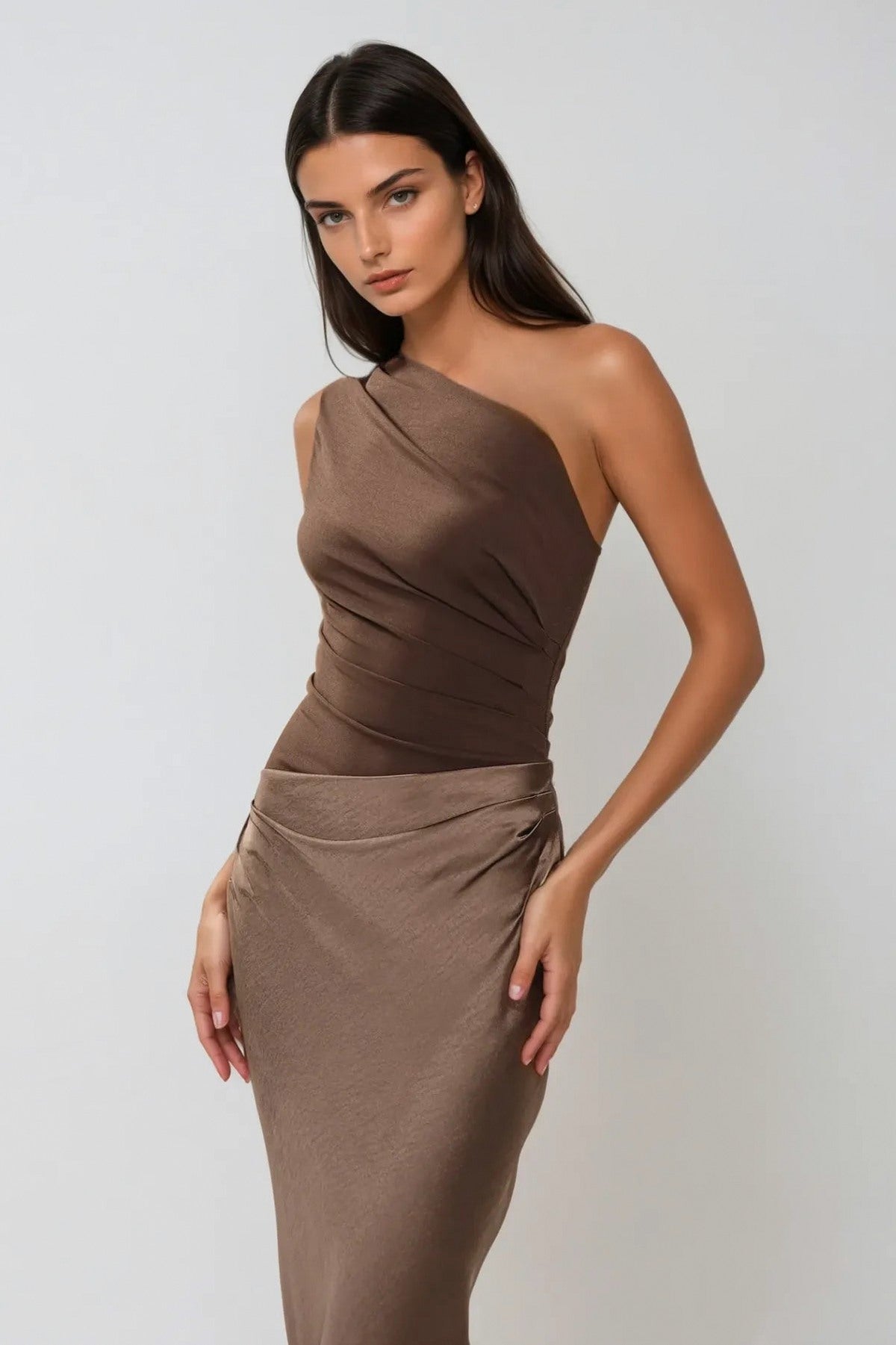 One Shoulder Ruched Satin Maxi Dress