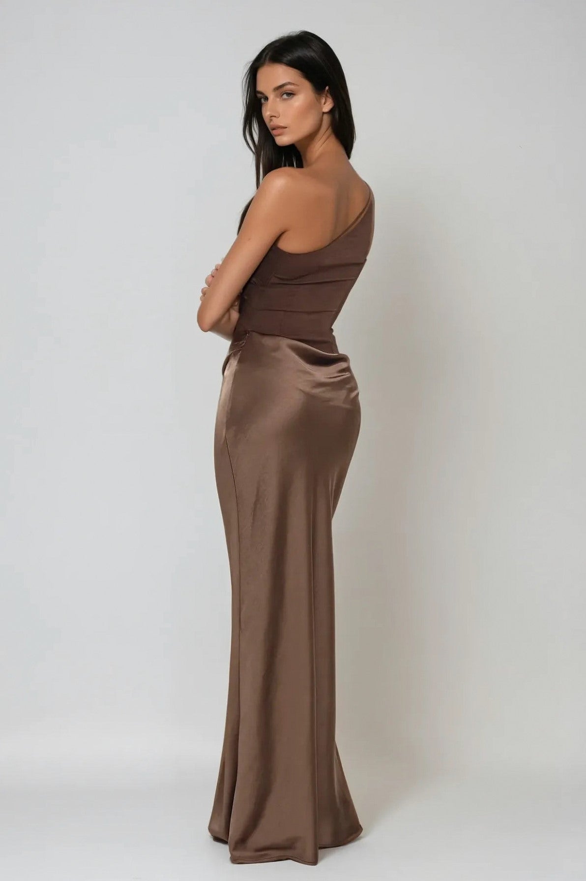 One Shoulder Ruched Satin Maxi Dress