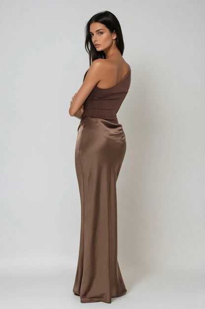 One Shoulder Ruched Satin Maxi Dress