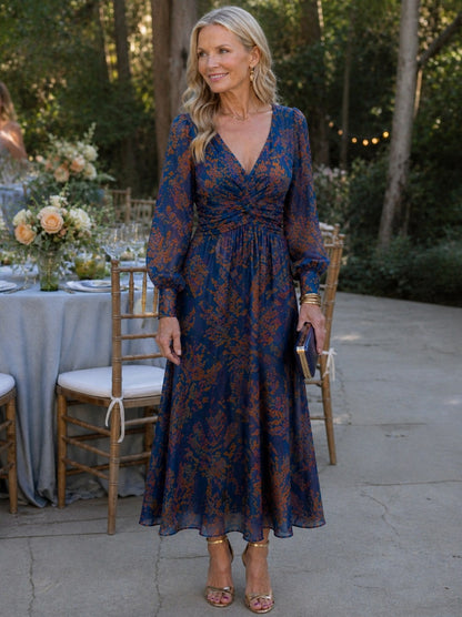 Paisley Long Sleeve Twist Front Maxi Dress