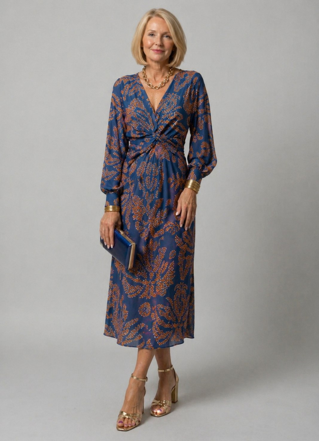 Paisley Long Sleeve Twist Front Maxi Dress