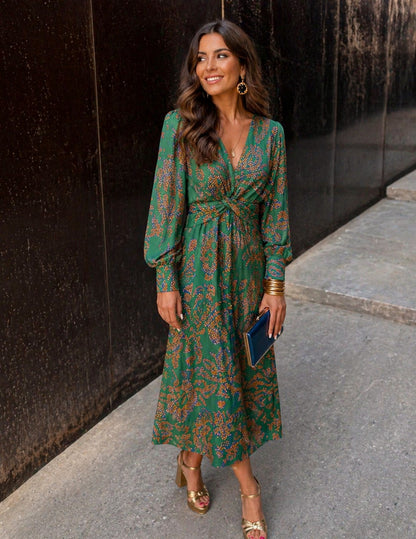 Paisley Long Sleeve Twist Front Maxi Dress