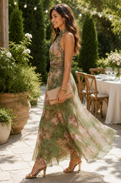 Peony Floral Chiffon Halter Maxi Dress