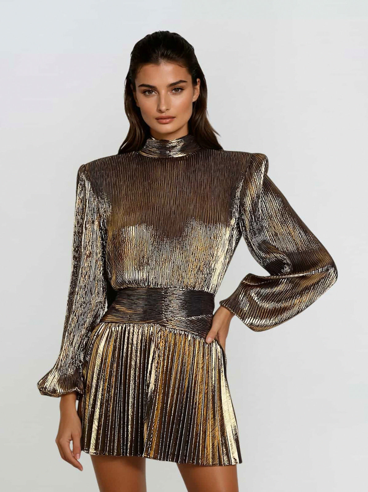 Pleated Mock Neck Mini Dress