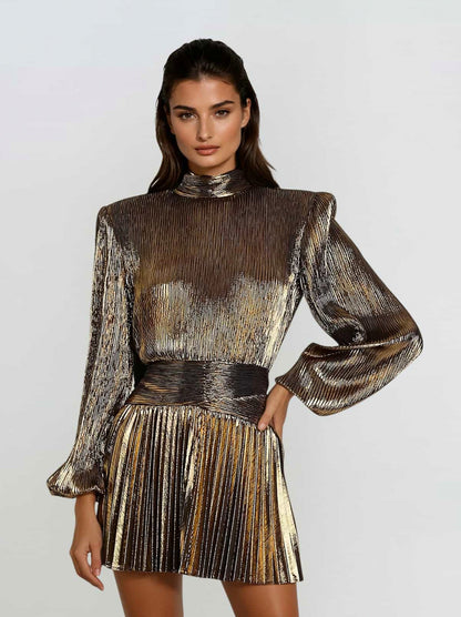 Pleated Mock Neck Mini Dress