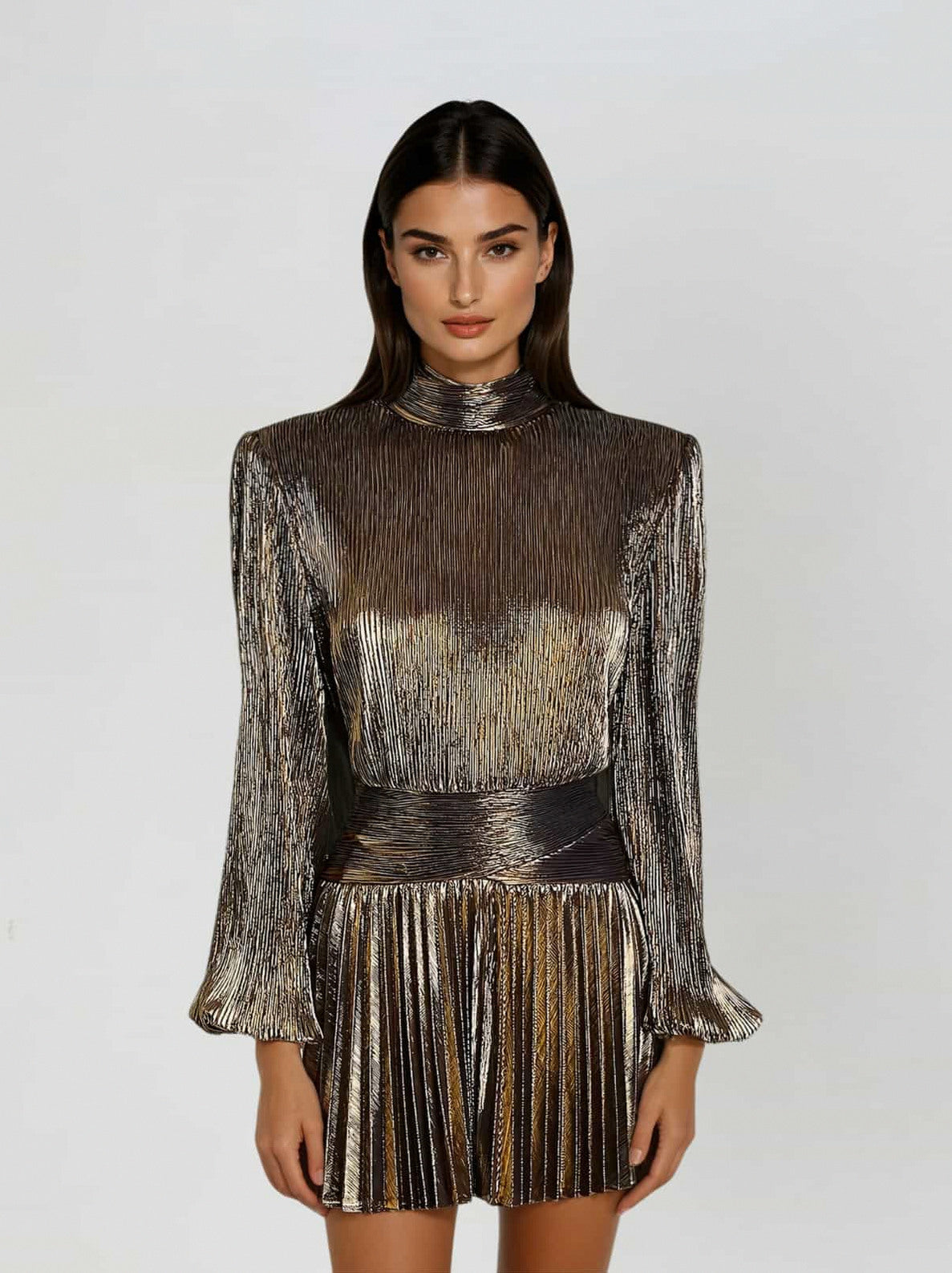 Pleated Mock Neck Mini Dress