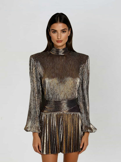 Pleated Mock Neck Mini Dress