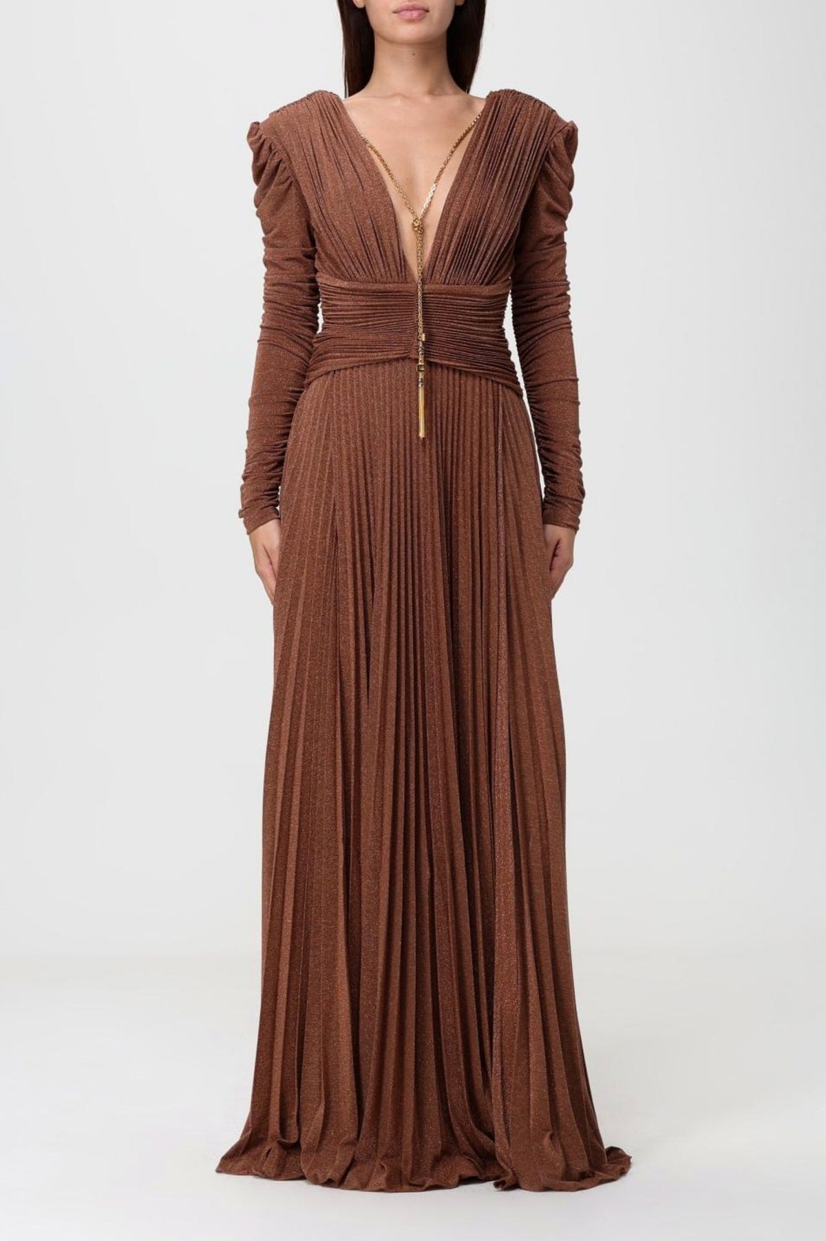 Pleated Long Sleeve Plunge Maxi Dress