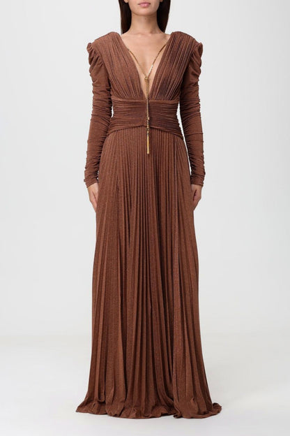 Pleated Long Sleeve Plunge Maxi Dress
