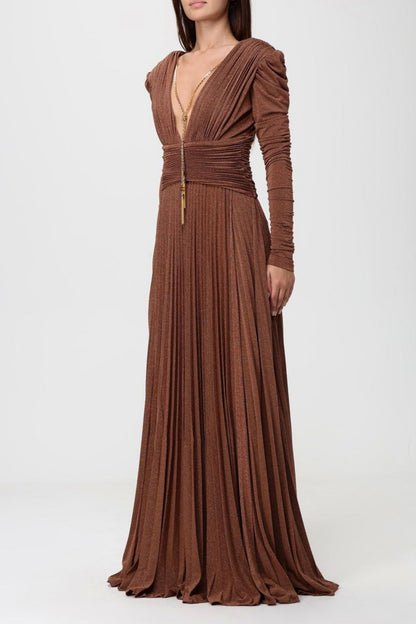Pleated Long Sleeve Plunge Maxi Dress