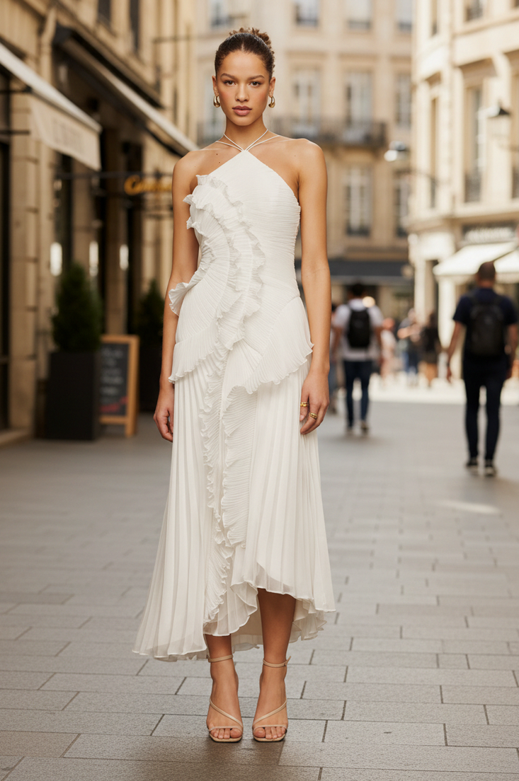 Pleated Ruffle Halter Maxi Dress