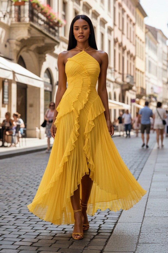 Pleated Ruffle Halter Maxi Dress