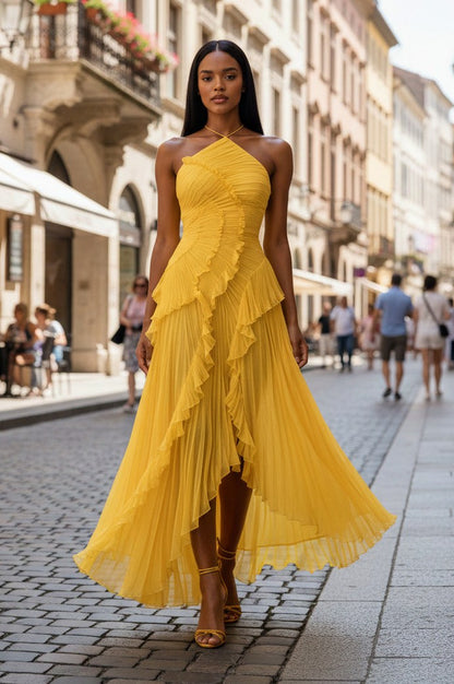 Pleated Ruffle Halter Maxi Dress