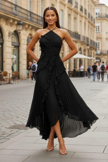 Pleated Ruffle Halter Maxi Dress