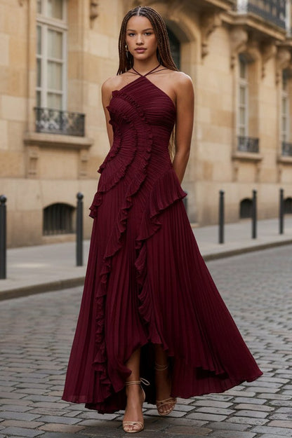 Pleated Ruffle Halter Maxi Dress