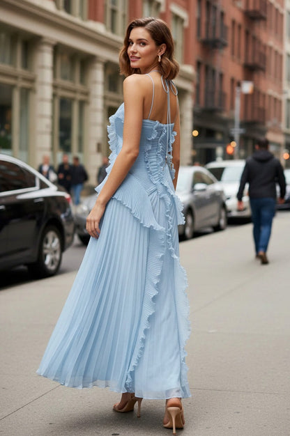 Pleated Ruffle Halter Maxi Dress